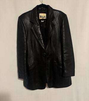 BAJA Leather Jacket 8 Womens Black Thick Soft Lined Button Pockets Classic